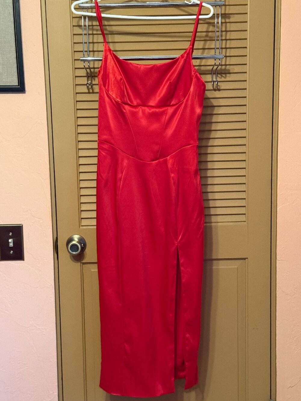 Red Satin Evening Dress, Spaghetti Strap, Front Slit, Small